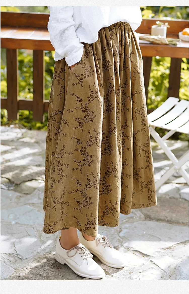 Women Vintage Print Floral A-Line Skirts Elastic Waist Corduroy Button Soft 2021 Autumn New High Waist Chinese Skirts MT46 mini skirt