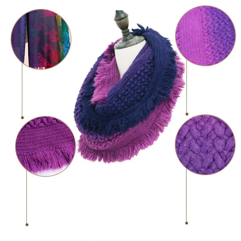 Womens Winter Bib Gradient Color Pineapple Pattern Knit Infinity Scarf with Tassels Crochet Thicken Large Loop Wraps Neck Warmer