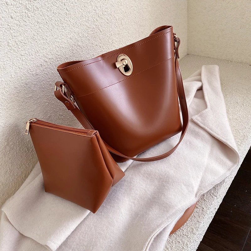

new women shoulder composite bags pu leather middle size female handbags casual tote work brown purse coin messenger bag brown
