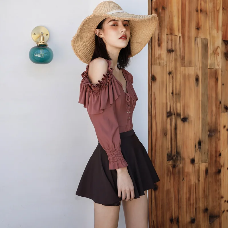 

Beach Woman Suits Bath 2020 One Piece Swimming Clothes Women Female Swimwear Long Sleeve Block High Waist Skirt Solid Cotton