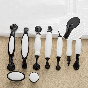 Black White Door Handles Rural Style Ceramic Drawer Pulls Crackle Kitchen Cabinet Handles And Knobs Furniture Handles