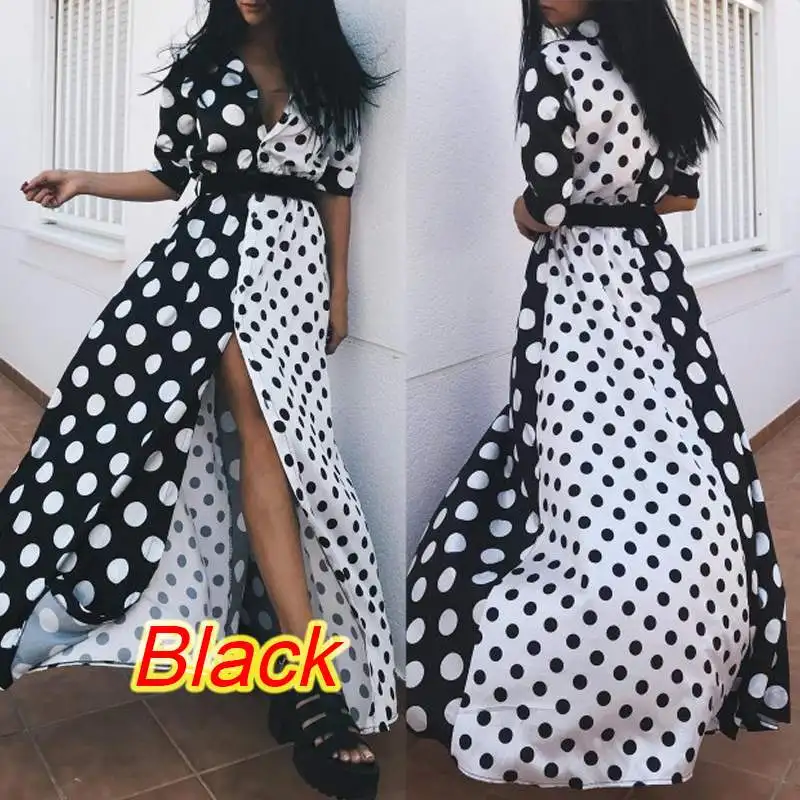 Летний сарафан женское богемное платье ZANZEA2019 женское длинное макси Vestidos винтажное платье в горошек с принтом сексуальные платья с высоким разрезом