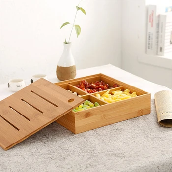 

SEAAN Wooden Living Room Bamboo 4 Grid Fruit Plate Wedding Candy Box Melon Snacks Dried Fruit Bowl Storage Box Food Storage