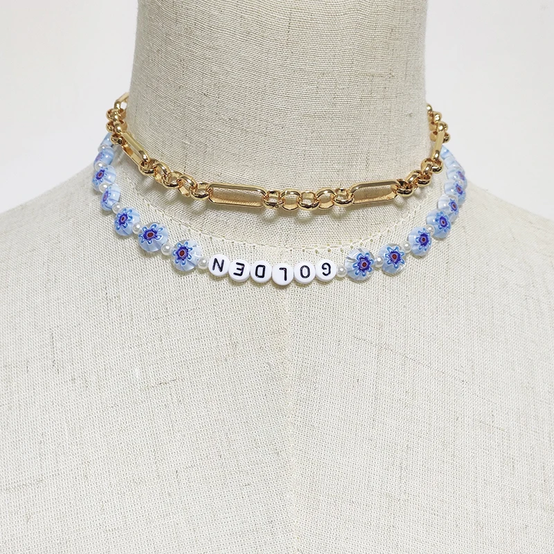 Blue flower beads choker exquisite fashion handmade imitation pearl necklace letter beaded accessories for friends wholesale Blue flower beads choker exquisite fashion handmade imitation pearl necklace letter beaded accessories for friends wholesale