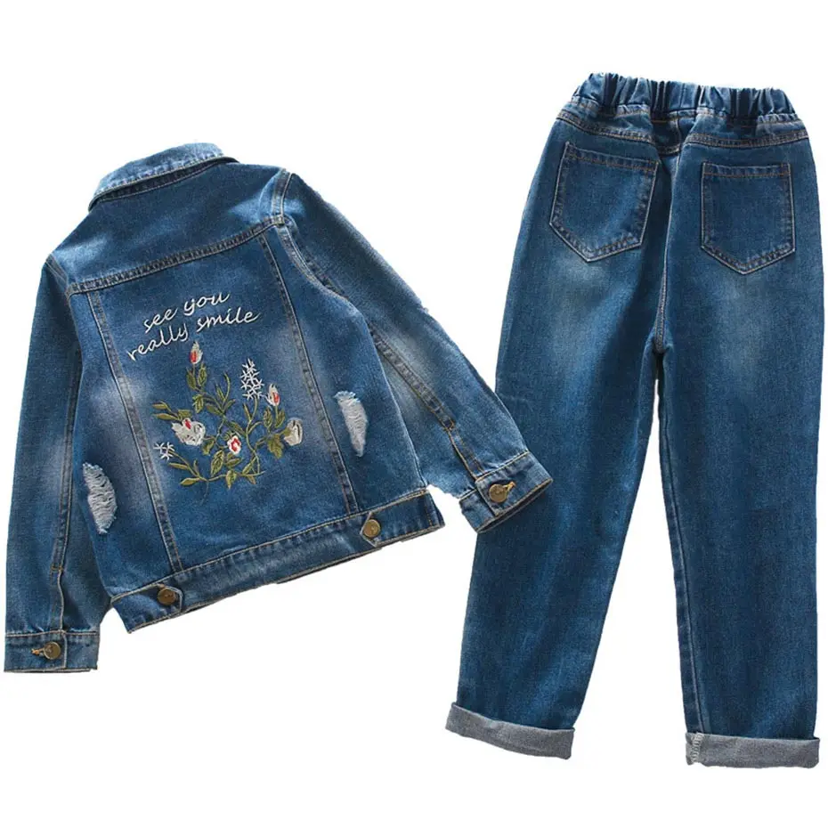 Джинсовая одежда для девочек пальто с цветочной вышивкой+ джинсы, комплекты одежды для девочек весенне-осенний комплект одежды для детей 6, 8, 10, 12, 14 лет - Цвет: Синий