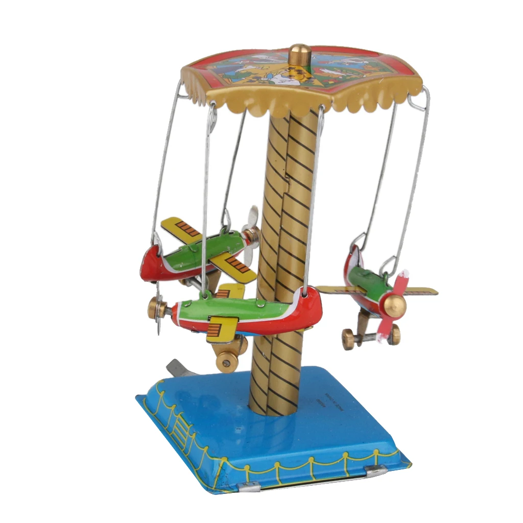 Vintage Style Wind-up Spinning Carousel Airplanes Merry Go Round Planes Tin Toy Gift