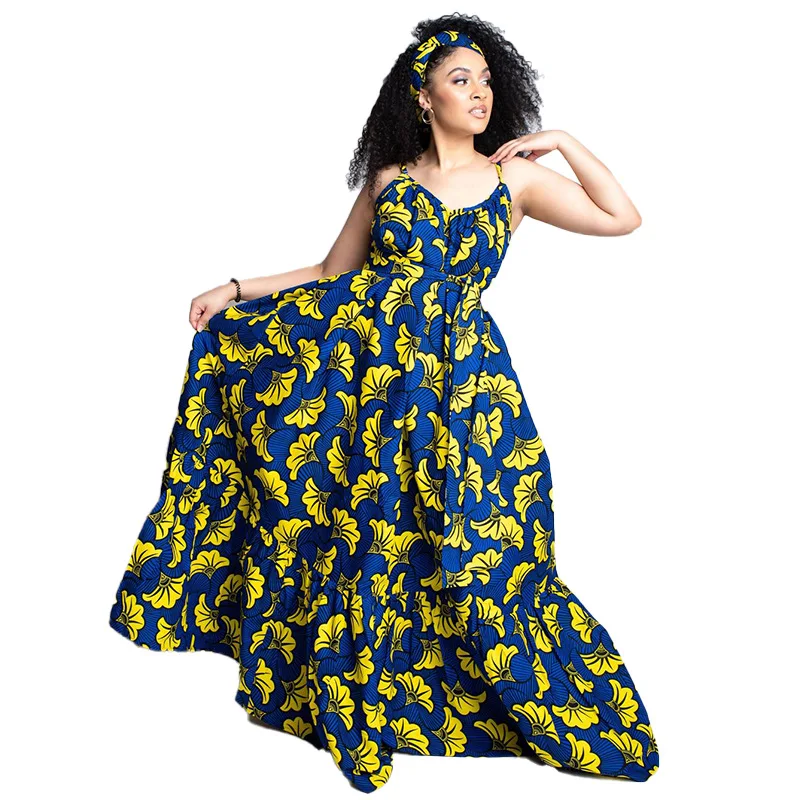 Loose African Maxi Dress Women 4XL Plus Size Spaghetti Strap Boubou Summer New Print Ruffle Patchwork African Beach Maxi Dresses african fashion style