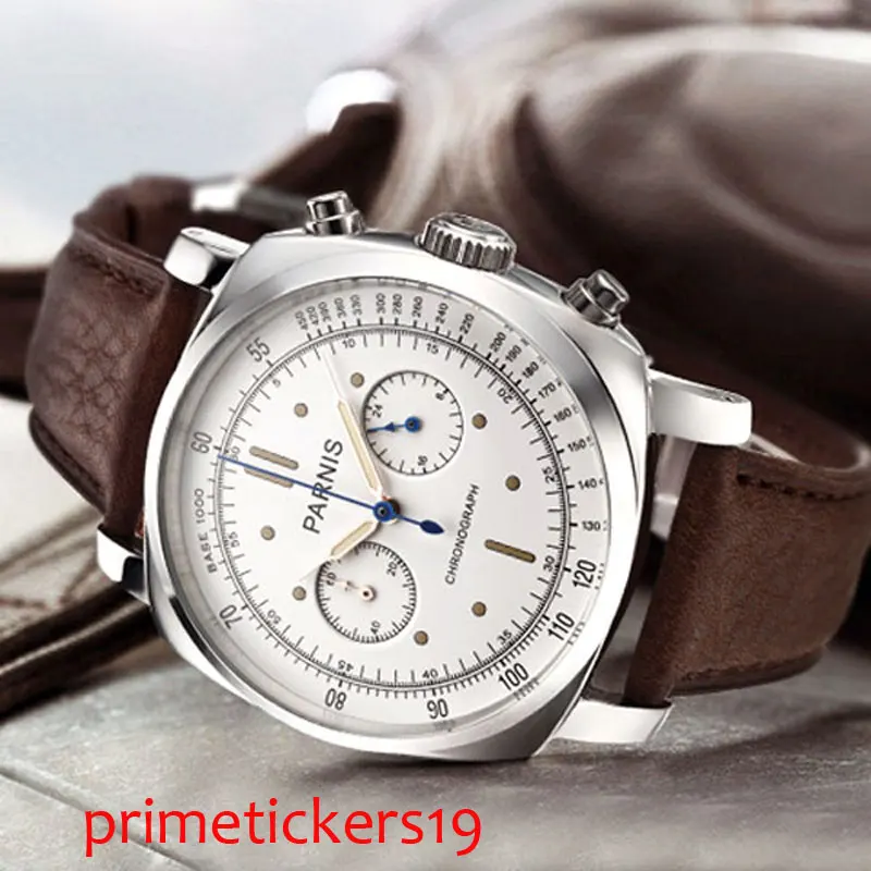 

Quartz chronograph mens watch 44mm polished case white dial leather strap