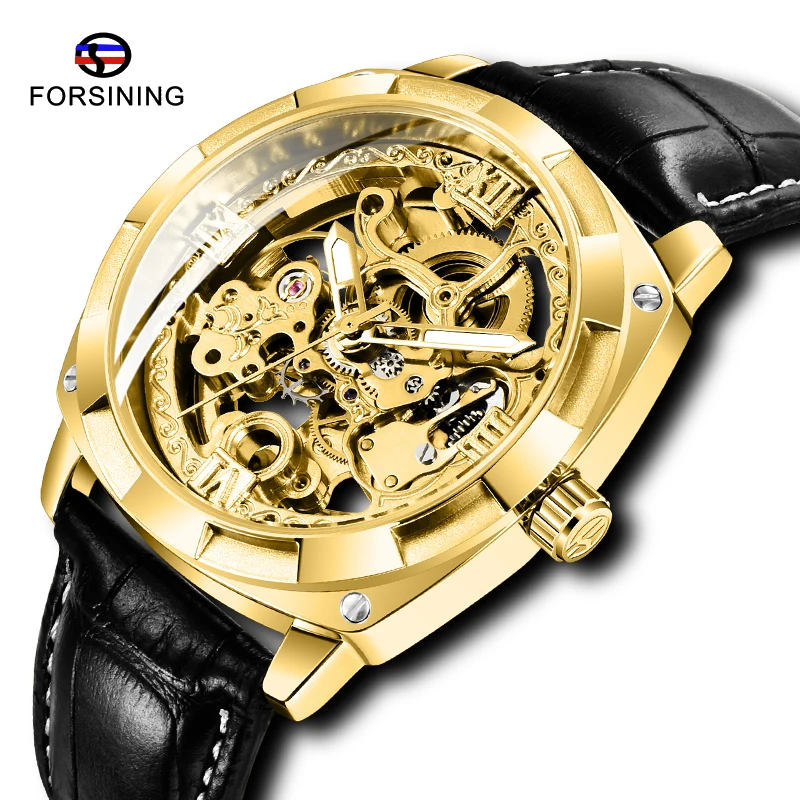 

Top Brand Luxury FORSINING Men Automatic Mechanical Watches Golden Design Leather Strap Luminous Hands Waterproof Skeleton Clock