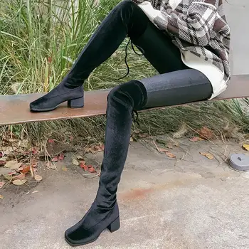 

LAIGZEM FASHION Women Over Knee High Boots Stretchy Faux Leather Velvet Chunky Heels Ladies 2021 Shoes Woman Big Size 37 38 39