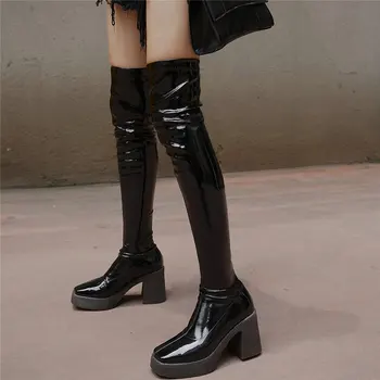 

Women Patent Leather Cuban High Heel Over The Knee High Motorcycle Boots Female Thigh High Slim Leg Chunky Platform Pumps Shoes