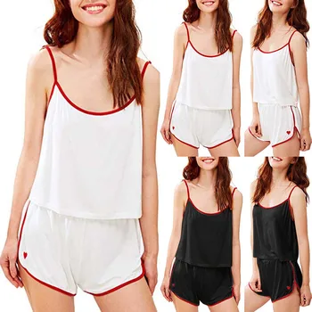 

Women Sleepwear Sleeveless Strap Nightwear Lace Trim Satin Cami Top Pajama Sets pijama woman womens nightsuits#ss