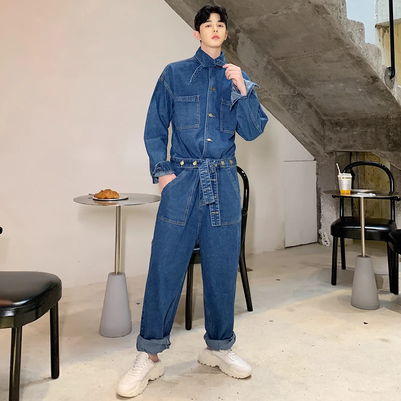 SHENGYUJIN M~ 2XL! Мужской салон оснастки комбинезон свободный большой размер комбинезон тонкий длинный рукав один кусок галстук джинсы набор для мужчин