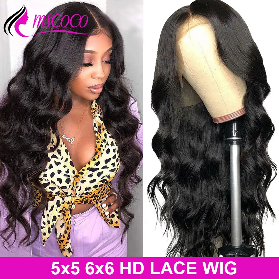 Mscoco – perruque Lace Closure Wig brésilienne Remy 6x6 5x5 HD, cheveux naturels, Body Wave, densité 200 250