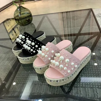 

Sandals and slippers Straw weave Thick bottom Rhinestone Shiny High-heeled sandals Ladies sandals High heels