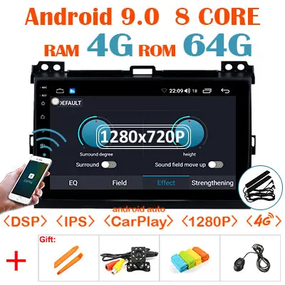 64G Android 9,0 1280*720P Carplay Авто gps радио для Toyota LAND CRUISER Prado 120 Lexus GX47 мультимедийный экран без DVD головное устройство - Color: 4G64 1280carply-NO C