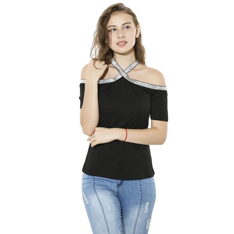 Женская летняя футболка с коротким рукавом, с открытыми плечами, с блестками, для женщин, сплошной цвет, Halte, тонкий топ, футболки