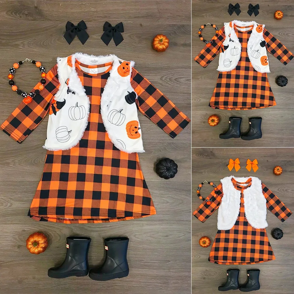 

Children Cloth Set Halloween Baby Kids Girls Plaid Printed Dress+Reversible Coat Vest Set Suit Girls Winter Clothes Outfit M850#