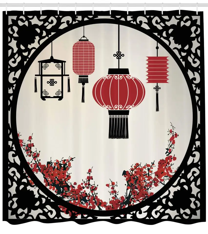 Lanterns With Japanese Sakura Cherry Blossom Trees Round Ornate Graphic Bathroom Decor Shower Curtains Aliexpress