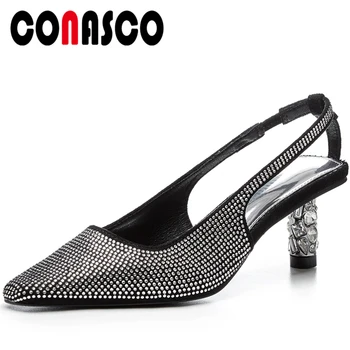

CONASCO Elegant Fashion Women Slingbacks Pumps High Heels Rhinestone Kid Suede Office Casual Shallow Elastic Band Shoes Woman