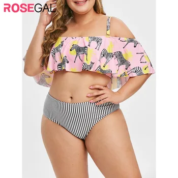 

ROSEGAL Plus Size Zebra Pineapple Print Striped Flounce Tankini Swimsuit Off The Shoulder Mix Match Elastic Unlined Bikinis Sets