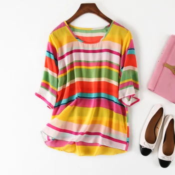 

Women's blouses summer Tops 100% REAL SILK striped Shirt Candy color Relaxed-Fit Casual Half-Sleeve ladies blusas