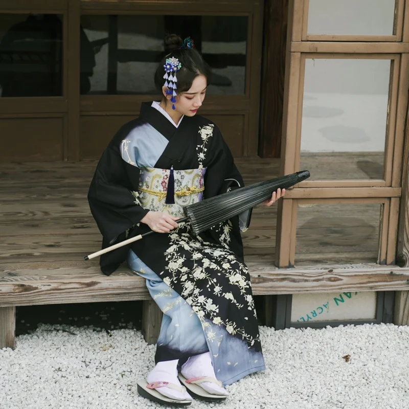 Высококачественное черное японское женское кимоно платье традиционное юката с Obi Новинка Леди вечернее платье цветок один размер FF2344