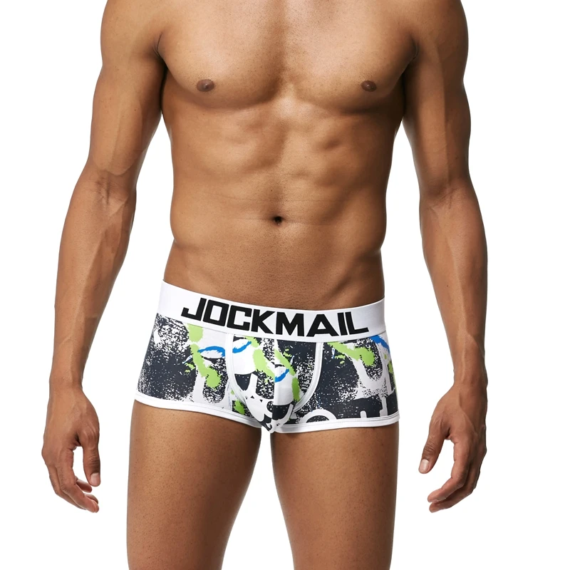 Бренд JOCKMAIL, мужские боксеры, хлопковое сексуальное мужское нижнее белье, боксеры с u-образной выпуклой сумкой, трусы с принтом листьев, Сетчатое дышащее нижнее белье для геев