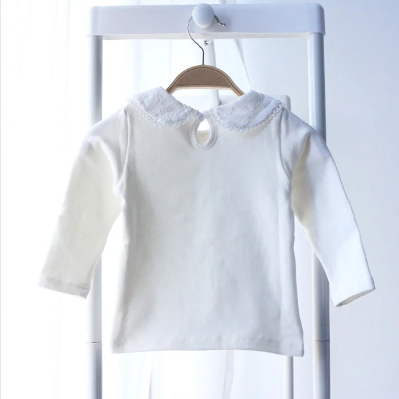 Новая Осенняя блузка для маленьких девочек хлопковая Детская рубашка с длинными рукавами кружевная рубашка с воротником-бабочкой для девочек модные весенние топы для девочек