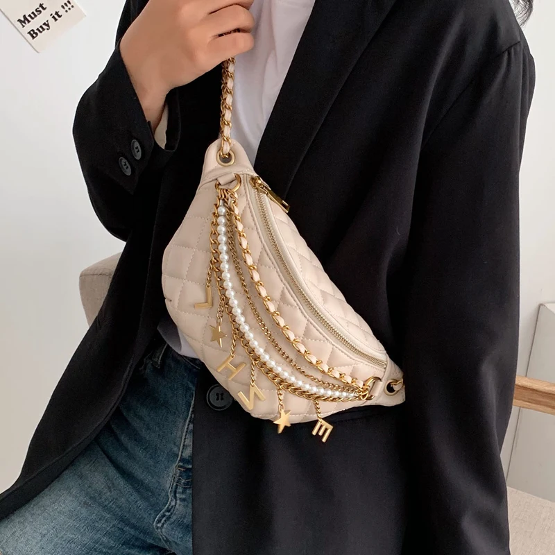 Small Bag Women New Fashion Korean Versatile Messenger Bag Pearl Chain Waist Bag Gold Letter Tassel Chest Bag Nightclub Bag