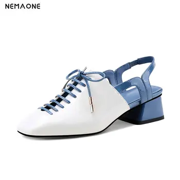 

2020 Women Pumps Square Heel Genuine Leather Fashion Sexy Pointed Toe Slingback Shallow Shoes Comfortable Soft Sole Size34-42