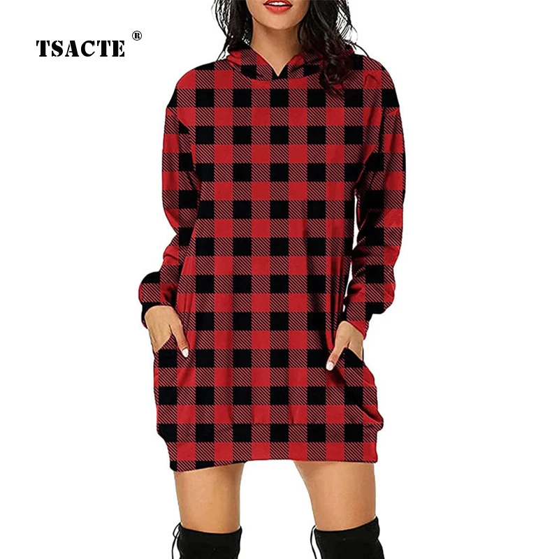 

Fall Printed Plaid Mid-Length Dress New Pocket Hooded Long Sleeve Sexy Sweatshirt Dresses Womens Winter Fashion Mini Short Skirt