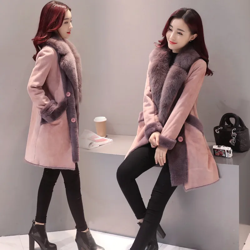 2019 New Winter Suede Trench Coat Women Plus Velvet Thicken Lamb hair Warm Double-breasted Female Elegant Long Outerwear R1056