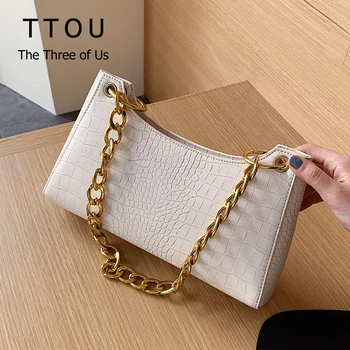 

Vintage Women Baguette Shape Bags Quality Luxury Designer Female Handbags Pu Leather Women Crocodile Pattern Chain Shoulder Bags