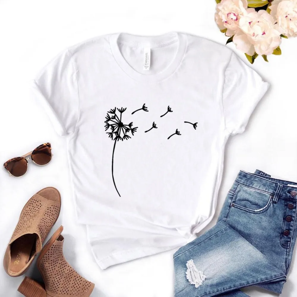 Женская футболка с принтом дикого цветка одуванчика, смешные изделия из хлопка, футболка, подарок для леди Юн, топ для девочек, 6 цветов, A-51