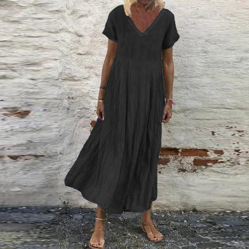 ZANZEA женское длинное платье с v-образным вырезом и коротким рукавом, Летние повседневные винтажные вечерние платья, женское плотное летнее платье, сорочка, пляжные платья - Цвет: Черный