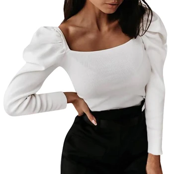 

Sexy Women Bodysuit Long Sleeve Solid Color Puff Sleeve Square Collar Slim Body Suit Stretchy Fashion Jumpsuit Bodycon Rompers