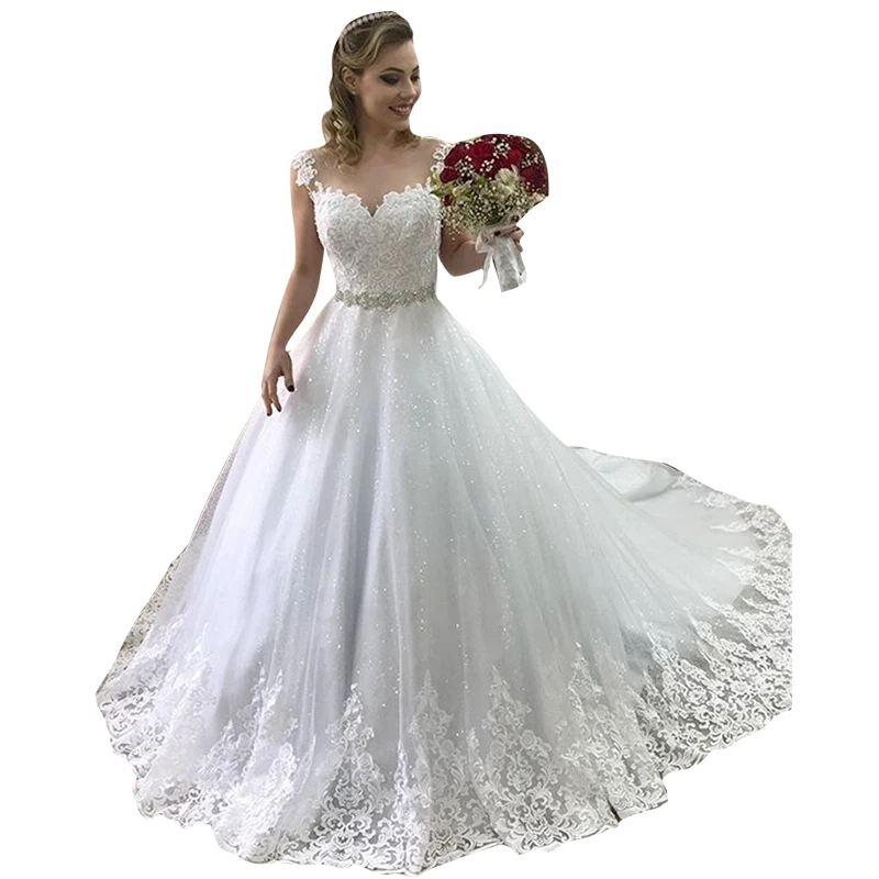 

Shiny Lace Ball Gown Princess Wedding Dresses Sheer Scoop Appliques Beaded Sash Backless Arabic Dubai Bridal Gowns Robe Mariage