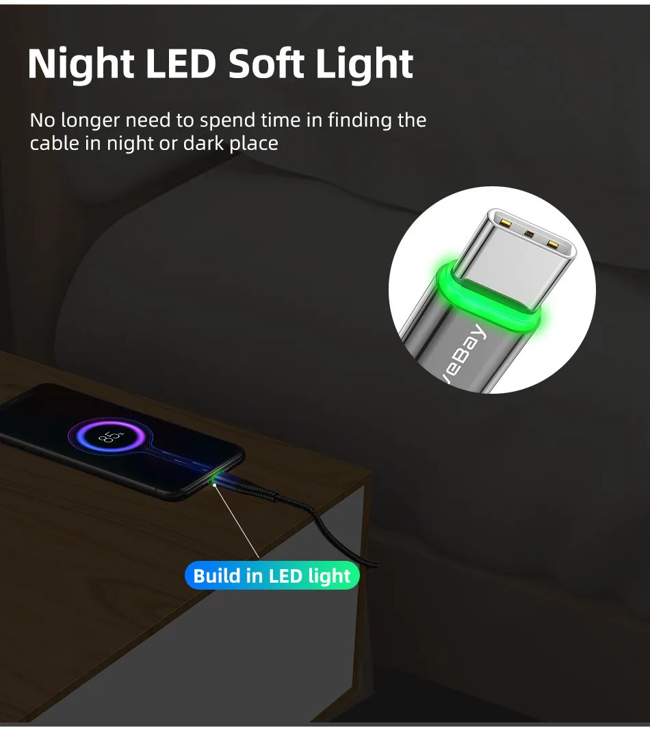 Lovebay type C 3A светодиодный светильник usb type C кабель USB быстрая зарядка QC 4,0 зарядное устройство type-c светильник ing кабель для мобильного телефона USB кабель