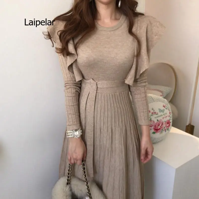 

women's blouse dress new ruffled dress slim waist long sleeve a-line pleated dresses winter clothes