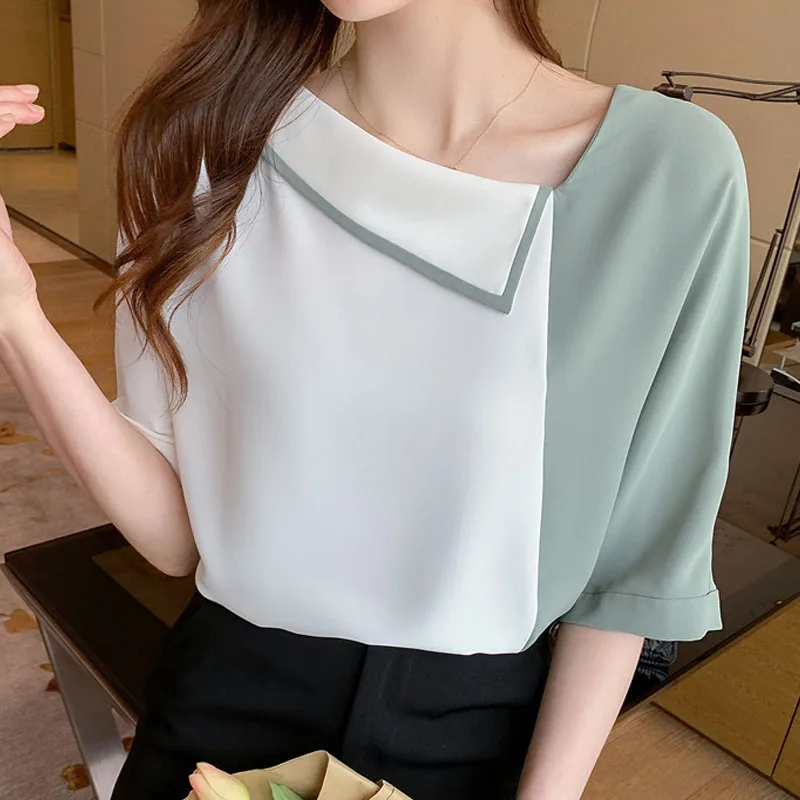 

Blusas Mujer De Moda 2022 New Loose Chiffon Shirt Women's Blouses and Tops Skew Collar Short Sleeve Solid Elegantes Female 1069