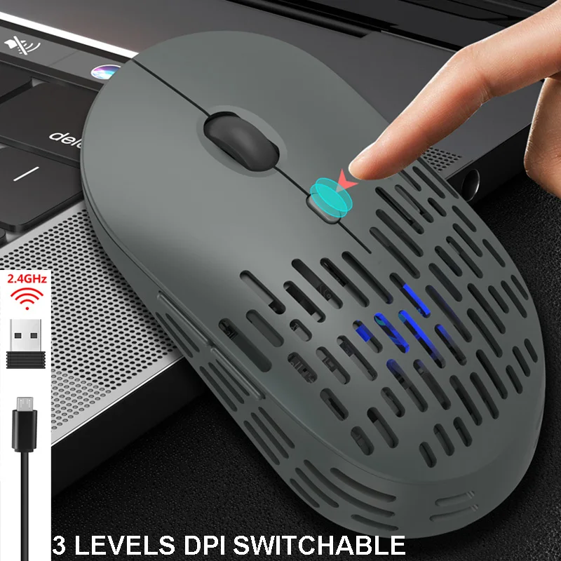 Ratón inalámbrico para juegos, Mouse silencioso con agujeros luminosos, 1600 DPI, óptico, ergonómico, 2,4G, para ordenador portátil y PC