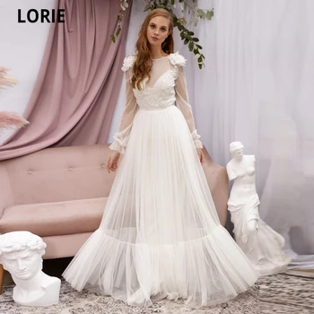 

LORIE Boho Tulle Wedding Dresses Long Sleeve Open Back Beach Bridal Gowns Simple Lace Appliques Country Princess Dress Elegant