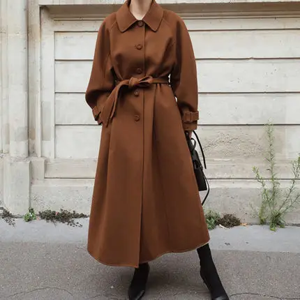 

Autumn And Winter New Style Korean-style Mid-length Loose-Fit Slimming Lace-up Woolen Jacket Women's Large Size over-the-Knee So