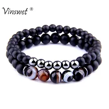 2 шт браслеты мужские модные натуральные полосатые Агаты матовый черный оникс бисерный браслет для женщин мужчин гематит браслет hommes bijoux