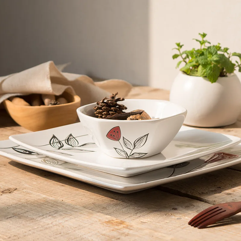 Японская керамическая обеденная тарелка, столовая посуда, фарфоровая тарелка для стейка, торта, десертных тарелок, столовая посуда, квадратная миска, ручная роспись, кружки в виде лотоса