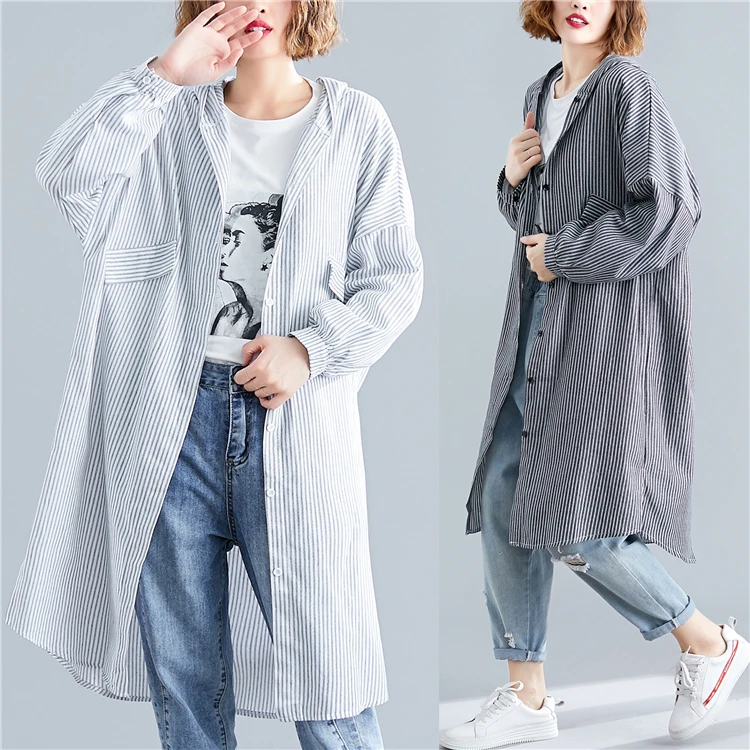 

BIG SIZE Spring Autumn Women Fashion Elegant Stripe Hooded Tops Ladies Female Plus Large Long Cotton Split Cardigan Blouse Shirt