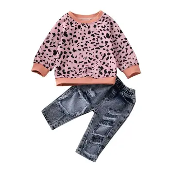 

Pudoco Toddler Baby Girl Clothes Leopard Print Long Sleeve Top Sweatshirts Flared Jeans Pants 2pcs Kids Outfit Set Casual 1-6Y