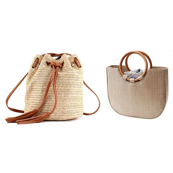 

ASDS-2 Pcs Shoulder Bag Ladies Fabric Summer Beach Bags with Tassels Weaving Money Bank Knitted Beach Handbag, Brown & Khaki