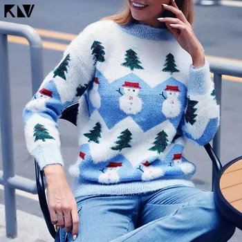 

Women Winter Long Sleeve Knitted Thicken Sweater Cute Christmas Tree Snowman Print Pullover Tops Plush Warm Casual Loose Jumper